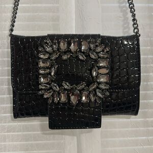 VENUS Black Pebbled Patent Leather Jeweled Rhinestone Flap Chain Strap Bag